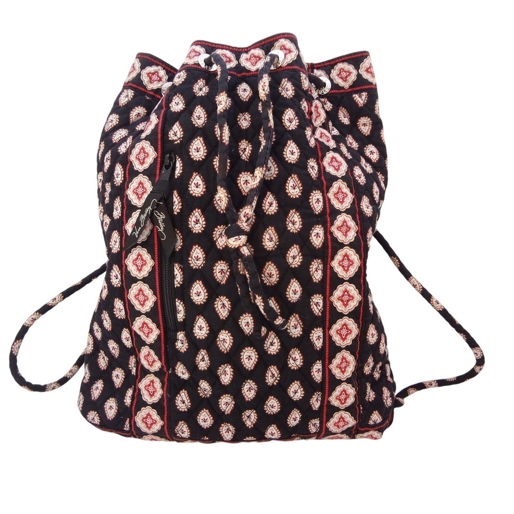 Vera Bradley Drawstring Backpack Medium Black Red White Medallion Quilted Bag